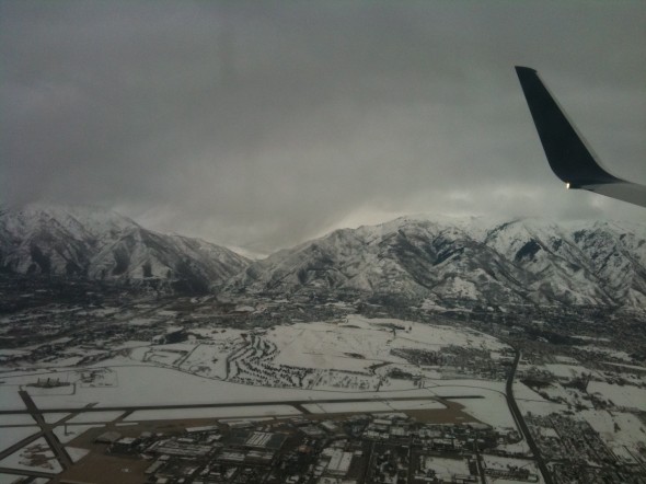 View of Rocky Mountains flying into Salt Lake City